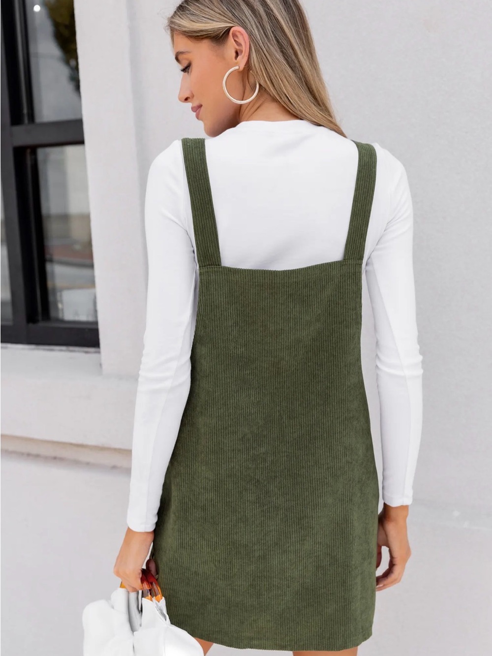 NWT Cupshe Olive Green Ribbed Corduroy Pinafore Dress overall - size L - Picture 4 of 6